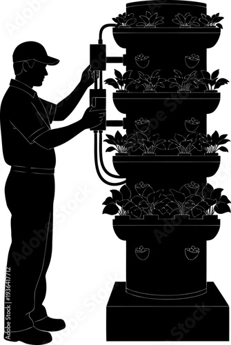 Farmer tending to vertical hydroponic indoor garden tower