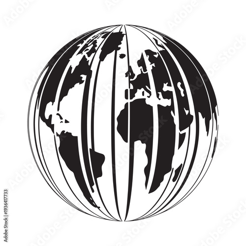 A striking black and white graphic representation of planet earth showing continents and oceans