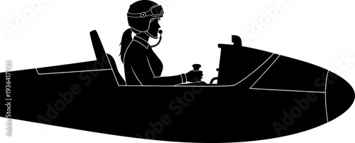 Female aviator operating controls in aircraft cockpit