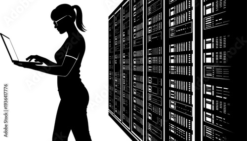 Female it technician working on a laptop in a data center server room