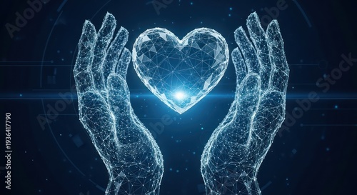 Digital network hands embracing a glowing polygon heart, symbolizing global connection, empathy, and AIzaSyDYhUdgNx4KeAqBx9v1E4jNZWrZTlvS3bI driven care for a connected future