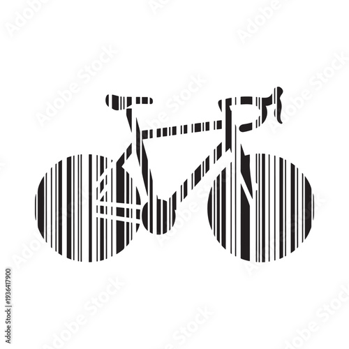Abstract bicycle illustration composed of bold black and white vertical lines