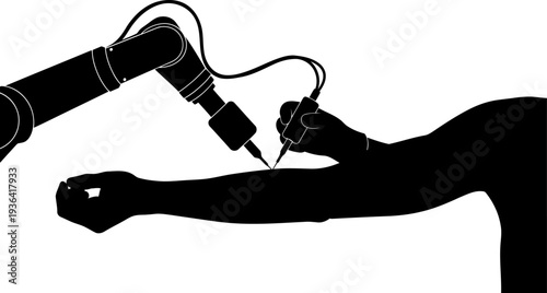 Human hand and robotic arm collaborating on medical procedure silhouette