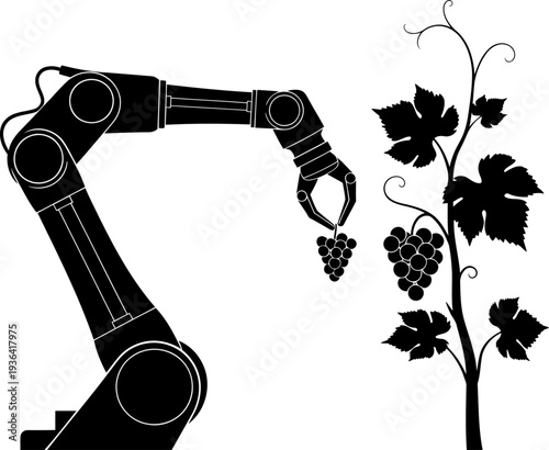 Industrial robot arm picking grapes from vineyard vine silhouette