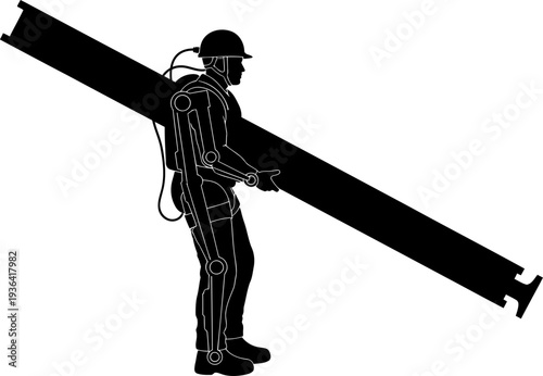 Industrial laborer wearing exoskeleton to carry heavy steel beam