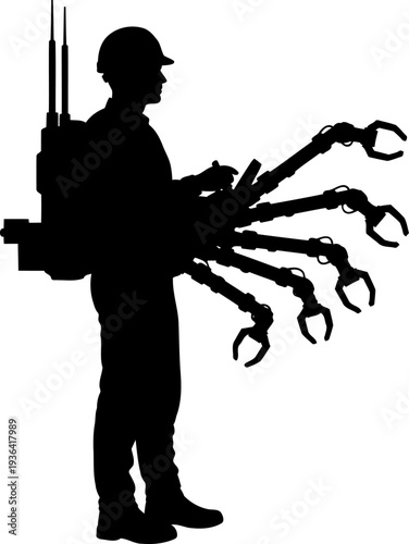 Industrial engineer with a robotic multi-arm backpack for multi-tasking