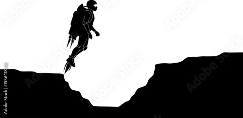 Jetpack pilot soaring across a deep mountain chasm