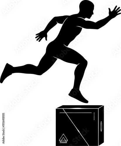 Male athlete performing a box jump exercise during a crossfit workout