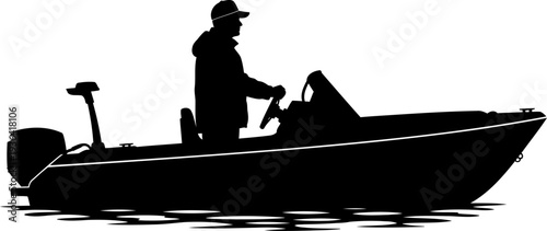 Male silhouette driving motorboat on open water