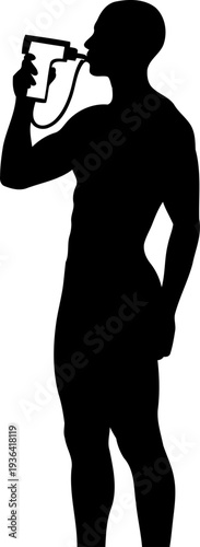 Man performing a breathalyzer test on himself