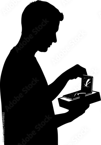 Man unboxing new smartphone from retail box silhouette