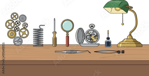 A watchmaker's workspace with tools and clock parts arranged on a wooden table, viewed from a slight angle.