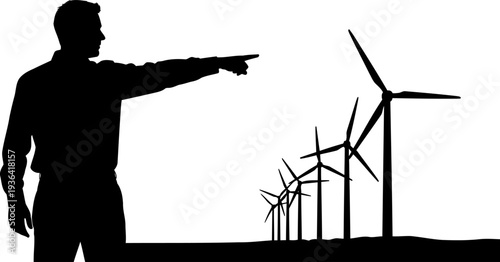 Manager pointing toward wind turbine farm for renewable energy