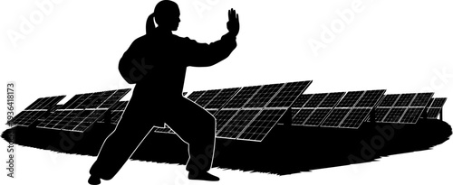 Martial artist practicing tai chi at solar power plant