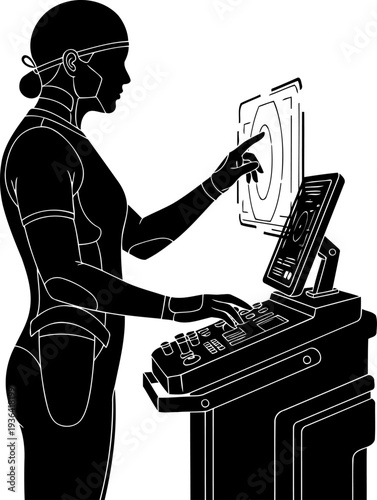 Medical technician operating a touch-screen diagnostic station