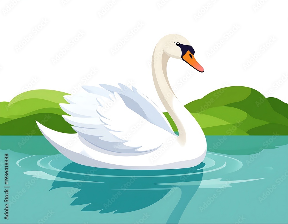 Fototapeta premium Graceful swan swims, creating ripples, set against a gentle green hilly background on a light blue water surface