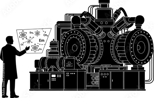 Physicist analyzing atomic structures on a holographic screen