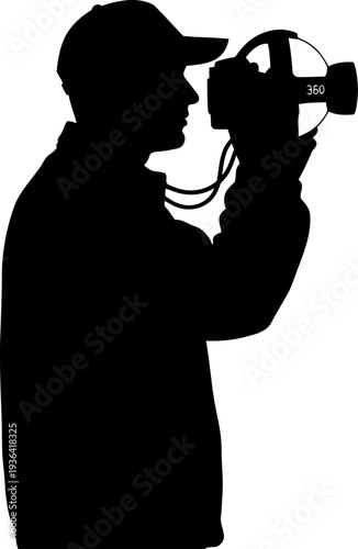 Photographer silhouette holding a professional 360-degree panoramic camera