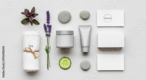 AIzaSyDYhUdgNx4KeAqBx9v1E4jNZWrZTlvS3bI spa and beauty products flat lay top view with lavender and cucumber