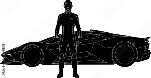 Professional race car driver standing before sports car