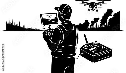 Remote pilot monitoring forest fire via drone screen
