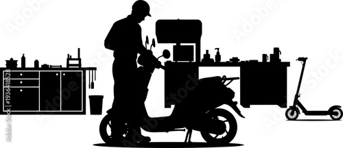 Repairman servicing an electric moped in a garage