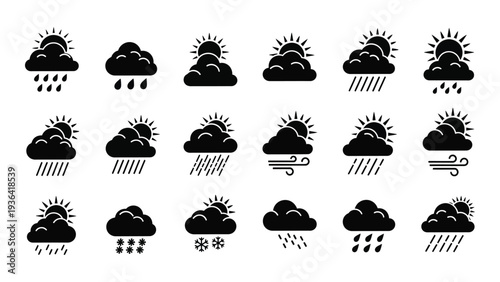 A collection of black and white weather icons