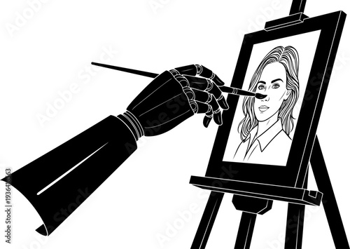 Robotic arm painting realistic woman portrait on easel canvas silhouette