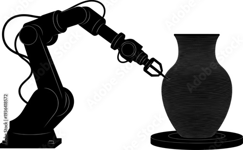 Robotic arm manufacturing a ceramic vase using 3d printing technology