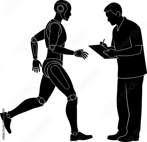 Robotics engineer testing the walking gait of a humanoid android robot