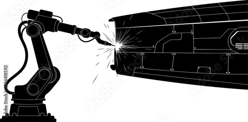 Robotic welding arm working on large industrial metal structure silhouette