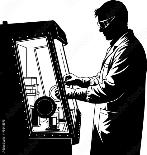 Scientist manipulating hazardous materials inside a glovebox