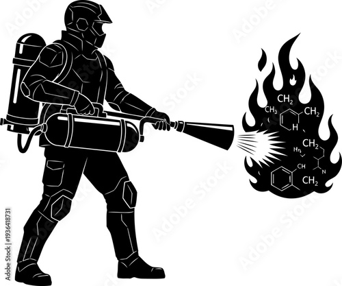 Specialist extinguishing chemical fire with molecular structure symbols silhouette