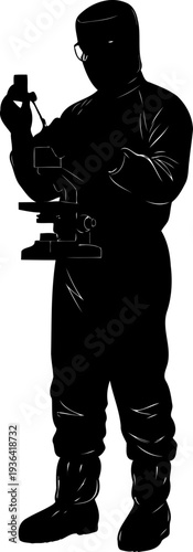 Specialist in protective suit inspecting a medical vial