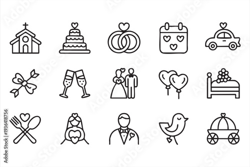 Bride Groom And Romantic Wedding Event Line Icon Collection