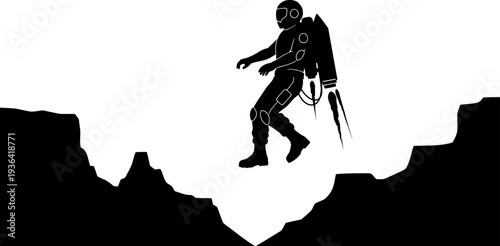 Space explorer using a jetpack to jump across a rocky canyon on a foreign planet
