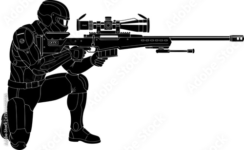 Tactical marksman aiming a high-precision sniper rifle from a kneeling position