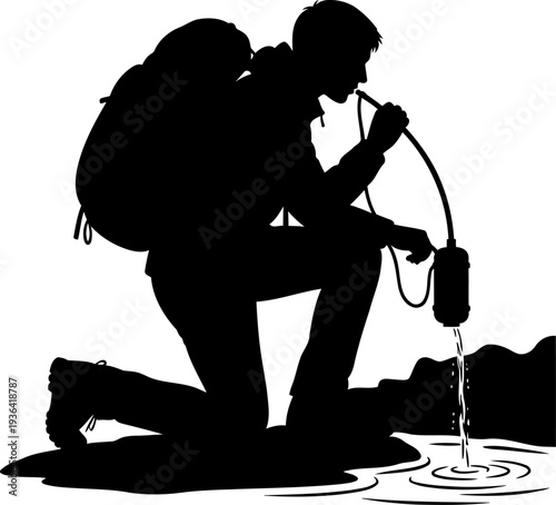 Survivalist hiker using portable water filter at a stream