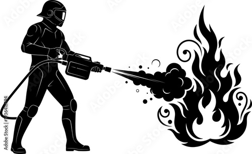 Specialized emergency responder extinguishing flames with nozzle