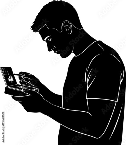 User interacting with a dual-screen foldable handheld device