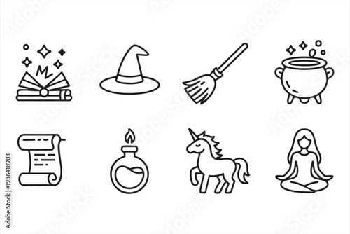 Witch Hat Broom And Potion Bottle Outline Icon Pack
