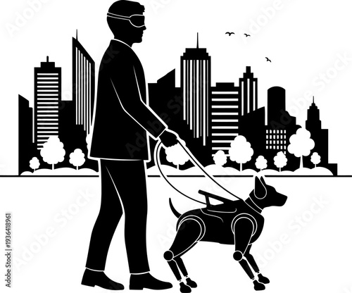 Visually impaired person silhouette walking with a robotic guide dog in a city
