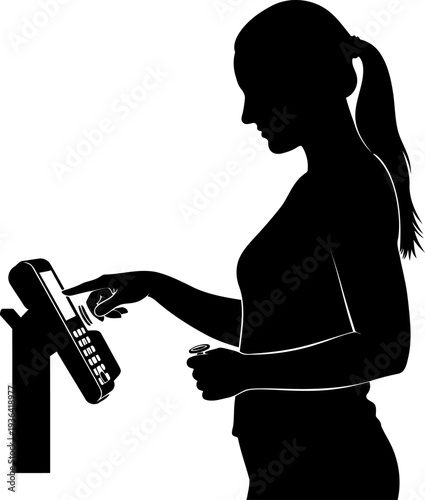 Woman using touchscreen payment terminal silhouette
