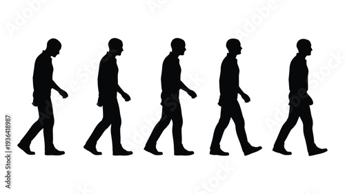 A row of silhouetted people walking across a white background