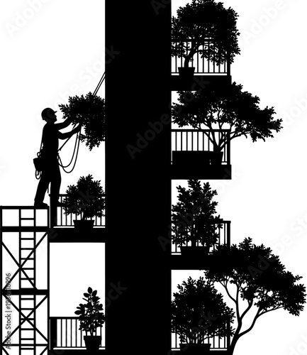 Worker maintaining vertical forest garden on building balcony silhouette