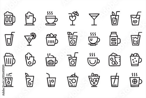 Minimal Coffee Cocktail And Beverage Outline Icon Set