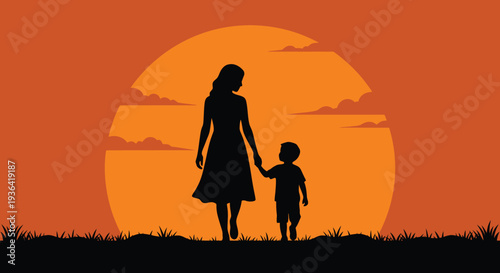 Silhouette of a mother and child walking towards a vibrant sunset