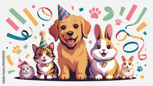 Happy pets celebrate birthday with party hats and colorful confetti decorations around them