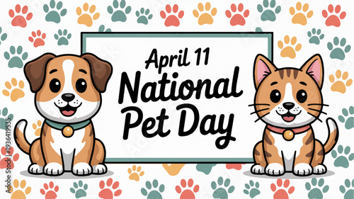 Cute dog and cat celebrate national pet day with colorful paw print background
