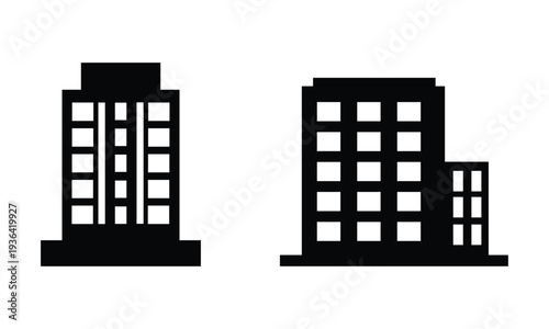 City building icon set. Urban office and apartment tower architecture symbols. Solid silhouette vector icons.